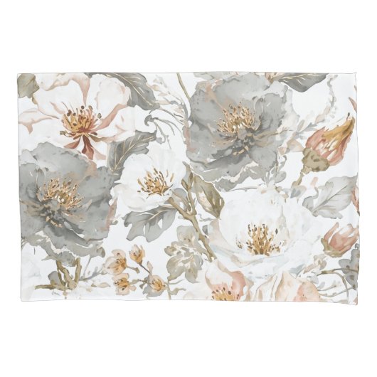 Luxury, Elegant, Gold Grey Flowers Pattern  枕カバー (正面)