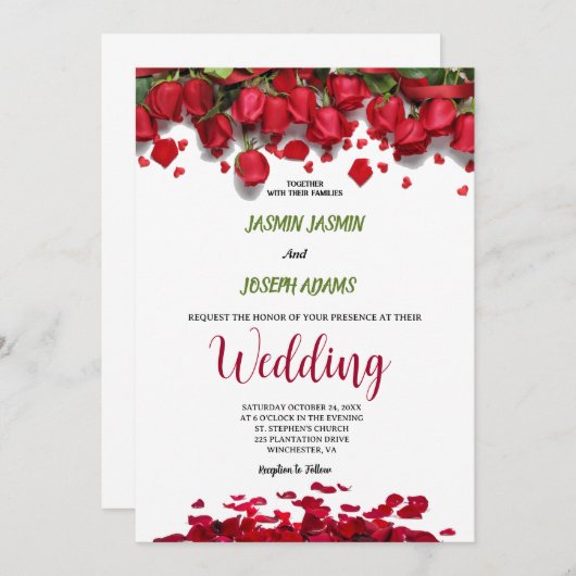 Luxury Elegant Red Roses Wedding 招待状 (正面/裏面)