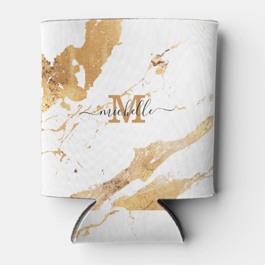 Luxury Elegant Script Monogram White Gold Marble 缶クーラー (正面)