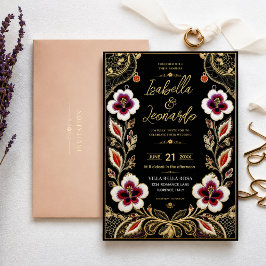 Luxury Embroidered Floral Black and Gold Elegant 招待状