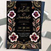 Luxury Embroidered Floral Black and Gold Elegant 招待状