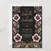 Luxury Embroidered Floral Black and Gold Elegant 招待状 (正面)