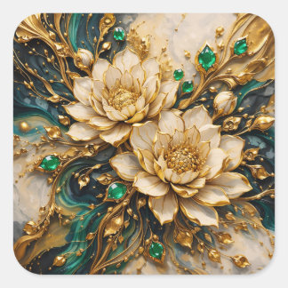 Luxury Emerald & Gold Ornate Lotus Floral Sticker スクエアシール