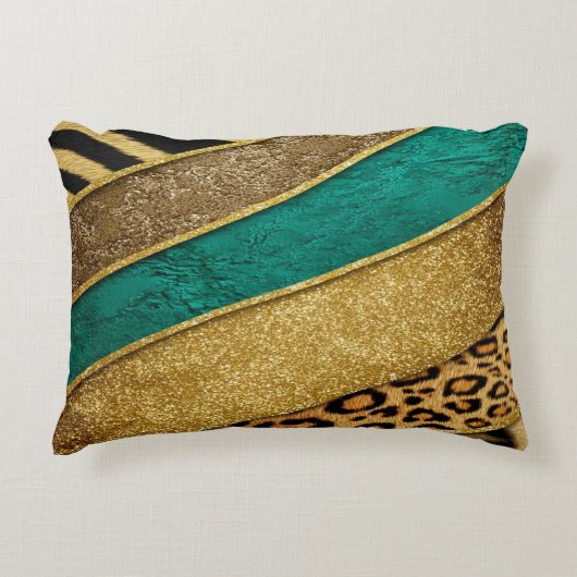 Luxury Emerald & Gold Safari Leopard Zebra Glitter アクセントクッション (正面)