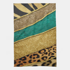 Luxury Emerald & Gold Safari Leopard Zebra Glitter キッチンタオル