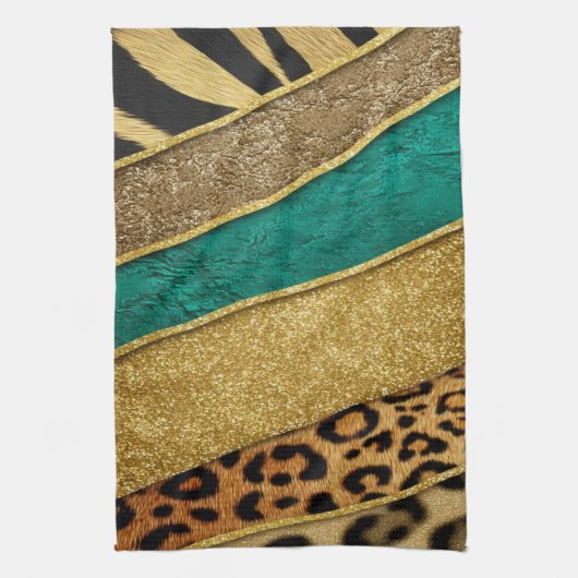 Luxury Emerald & Gold Safari Leopard Zebra Glitter キッチンタオル (縦)
