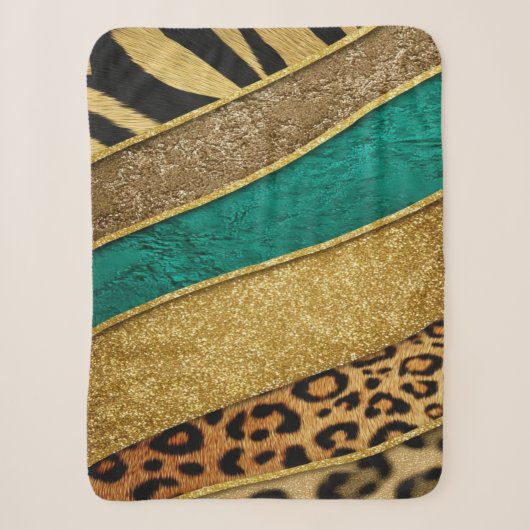 Luxury Emerald & Gold Safari Leopard Zebra Glitter シェルパブランケット (正面)