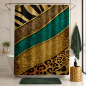 Luxury Emerald & Gold Safari Leopard Zebra Glitter シャワーカーテン