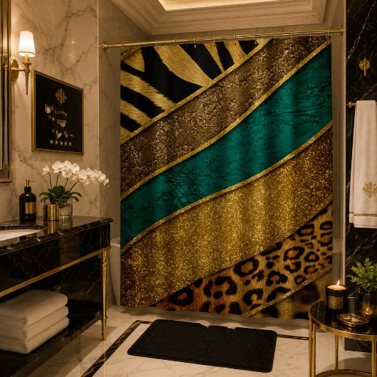 Luxury Emerald & Gold Safari Leopard Zebra Glitter シャワーカーテン