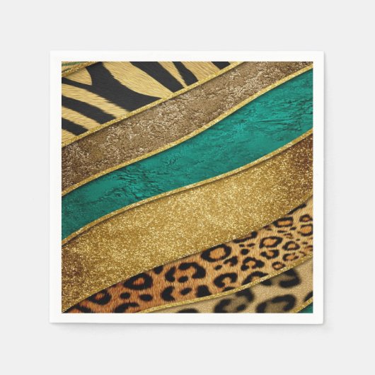 Luxury Emerald & Gold Safari Leopard Zebra Glitter スタンダードカクテルナプキン (正面)