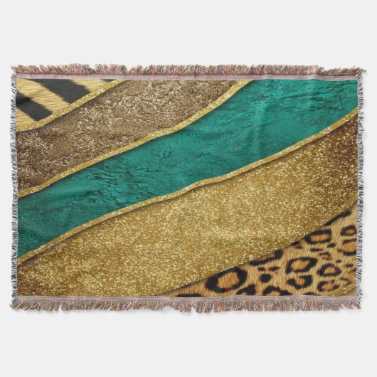 Luxury Emerald & Gold Safari Leopard Zebra Glitter スローブランケット (正面)