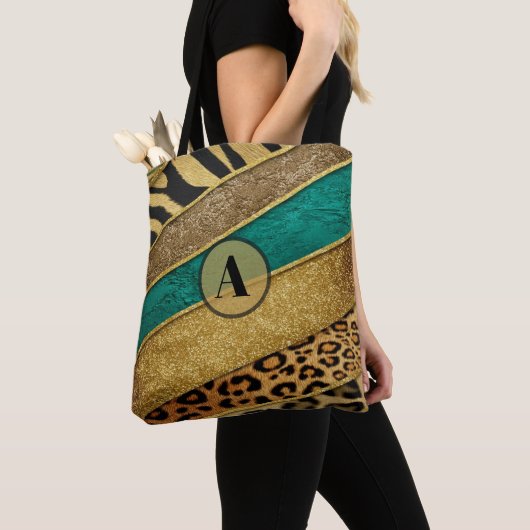 Luxury Emerald & Gold Safari Leopard Zebra Glitter トートバッグ (クローズアップ)
