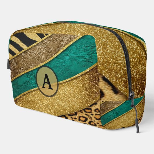 Luxury Emerald & Gold Safari Leopard Zebra Glitter ドップキット (右コーナー)