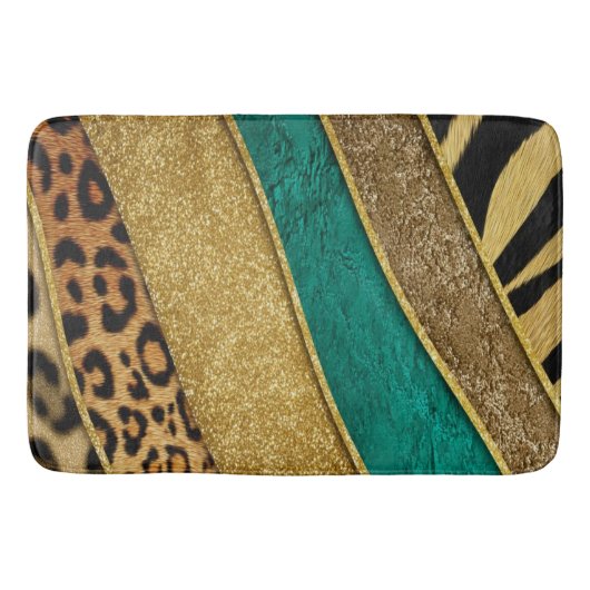Luxury Emerald & Gold Safari Leopard Zebra Glitter バスマット (正面)