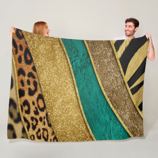 Luxury Emerald & Gold Safari Leopard Zebra Glitter フリースブランケット (インサイチュ)