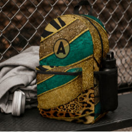 Luxury Emerald & Gold Safari Leopard Zebra Glitter プリントバックパック
