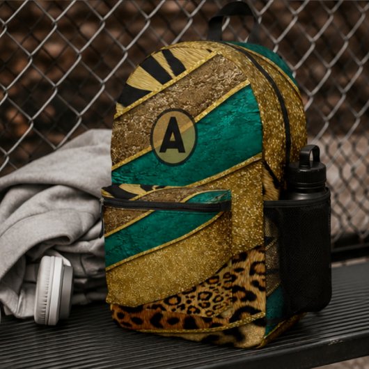 Luxury Emerald & Gold Safari Leopard Zebra Glitter プリントバックパック
