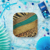 Luxury Emerald & Gold Safari Leopard Zebra Glitter ペーパープレート (パーティー)