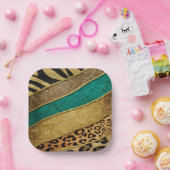 Luxury Emerald & Gold Safari Leopard Zebra Glitter ペーパープレート (パーティー)