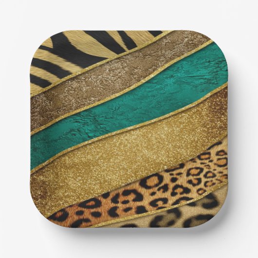 Luxury Emerald & Gold Safari Leopard Zebra Glitter ペーパープレート (正面)