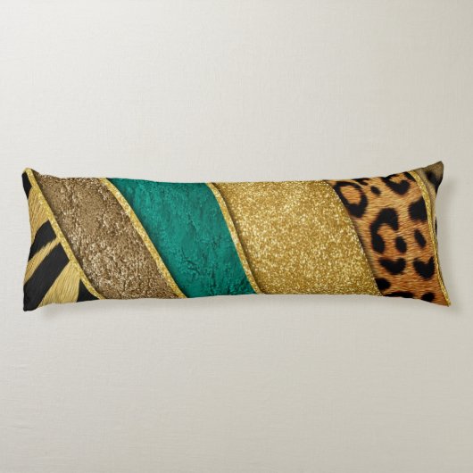 Luxury Emerald & Gold Safari Leopard Zebra Glitter ボディピロー (裏面)
