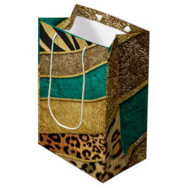 Luxury Emerald & Gold Safari Leopard Zebra Glitter ミディアムペーパーバッグ