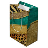 Luxury Emerald & Gold Safari Leopard Zebra Glitter ミディアムペーパーバッグ (裏面アングル)