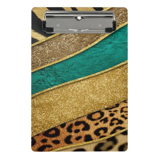 Luxury Emerald & Gold Safari Leopard Zebra Glitter ミニクリップボード (正面)