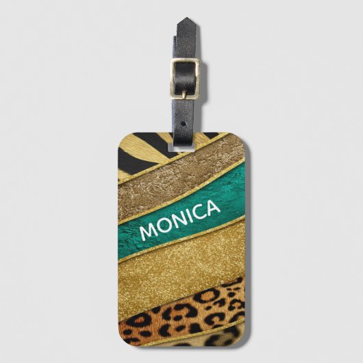 Luxury Emerald & Gold Safari Leopard Zebra Glitter ラゲッジタグ (正面縦)