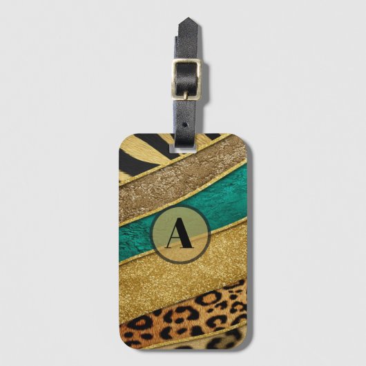 Luxury Emerald & Gold Safari Leopard Zebra Glitter ラゲッジタグ (正面縦)