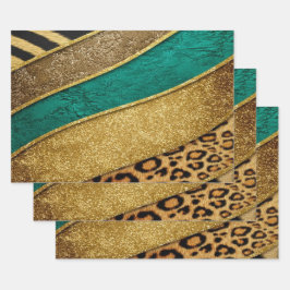 Luxury Emerald & Gold Safari Leopard Zebra Glitter ラッピングペーパーシート