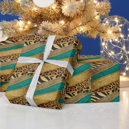 Luxury Emerald & Gold Safari Leopard Zebra Glitter ラッピングペーパー (クリスマス)