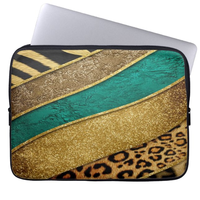 Luxury Emerald & Gold Safari Leopard Zebra Glitter ラップトップスリーブ (正面)