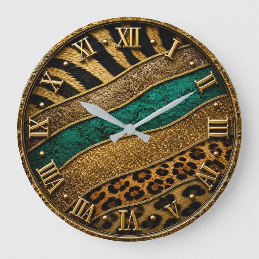 Luxury Emerald & Gold Safari Leopard Zebra Glitter ラージ壁時計 (正面)