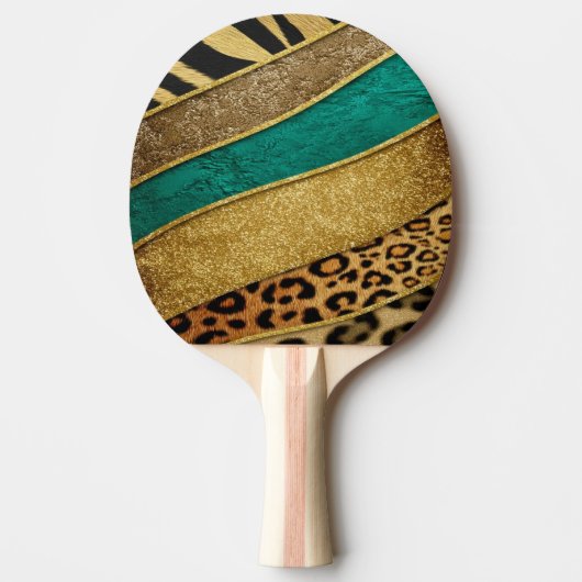 Luxury Emerald & Gold Safari Leopard Zebra Glitter 卓球ラケット (正面)