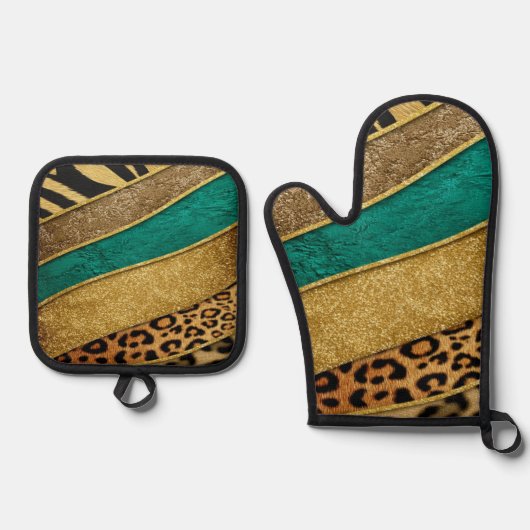 Luxury Emerald & Gold Safari Leopard Zebra Glitter 鍋つかみ&鍋敷きセット (正面)