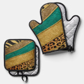 Luxury Emerald & Gold Safari Leopard Zebra Glitter 鍋つかみ&鍋敷きセット (正面/裏面)