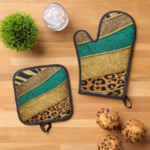 Luxury Emerald & Gold Safari Leopard Zebra Glitter 鍋つかみ&鍋敷きセット (トップダウン)