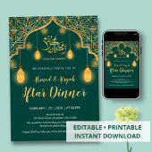 Luxury Emerald Green and Gold Geometric Iftar 招待状