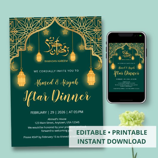 Luxury Emerald Green and Gold Geometric Iftar 招待状