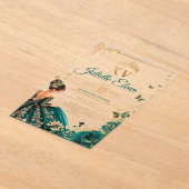Luxury Emerald Green & Gold Acrylic Quinceañera アクリル招待状 (レイダウン)