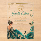 Luxury Emerald Green & Gold Acrylic Quinceañera アクリル招待状 (正面)