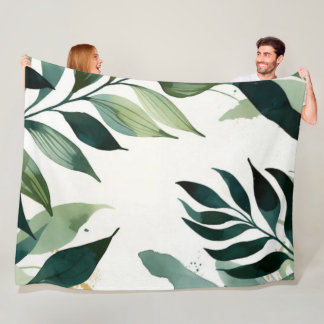 Luxury Emerald Green Gold Botanical Throw Blanket フリースブランケット