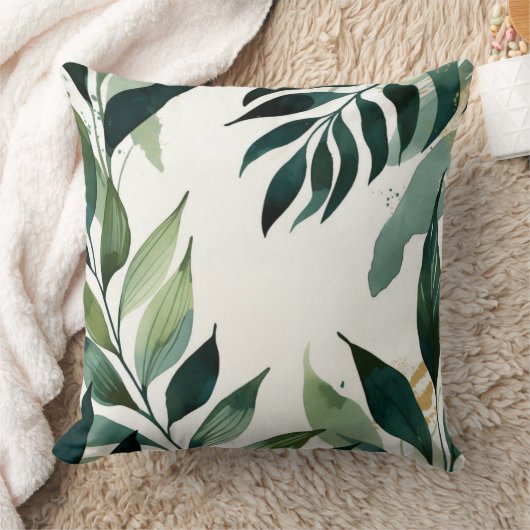 Luxury Emerald Green Gold Botanical Throw Pillow クッション (ブランケット)
