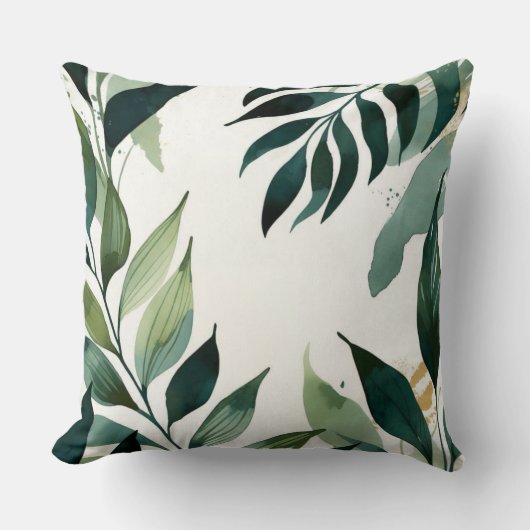 Luxury Emerald Green Gold Botanical Throw Pillow クッション (正面)
