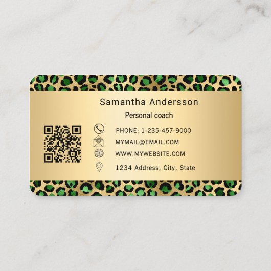 Luxury Emerald Green Gold Leopard Print QR Code 名刺 (裏面)
