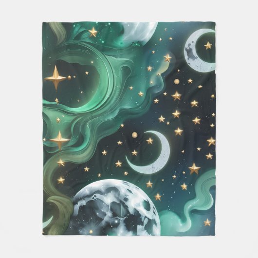 Luxury Emerald Moon Motifs Blanket – Ethereal Jade フリースブランケット (正面)