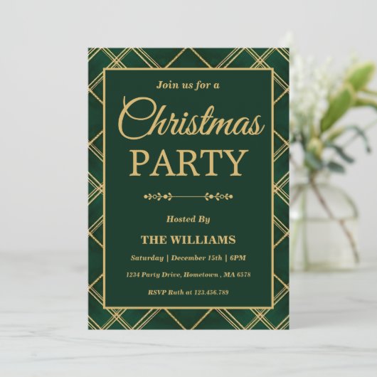 Luxury Emerald Tartan Plaid Christmas Party 招待状 (スタンド正面)