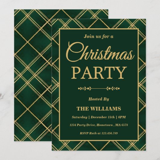 Luxury Emerald Tartan Plaid Christmas Party 招待状 (正面/裏面)