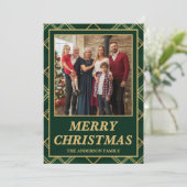 Luxury Emerald Tartan Plaid Family Photo Christmas シーズンカード (スタンド正面)